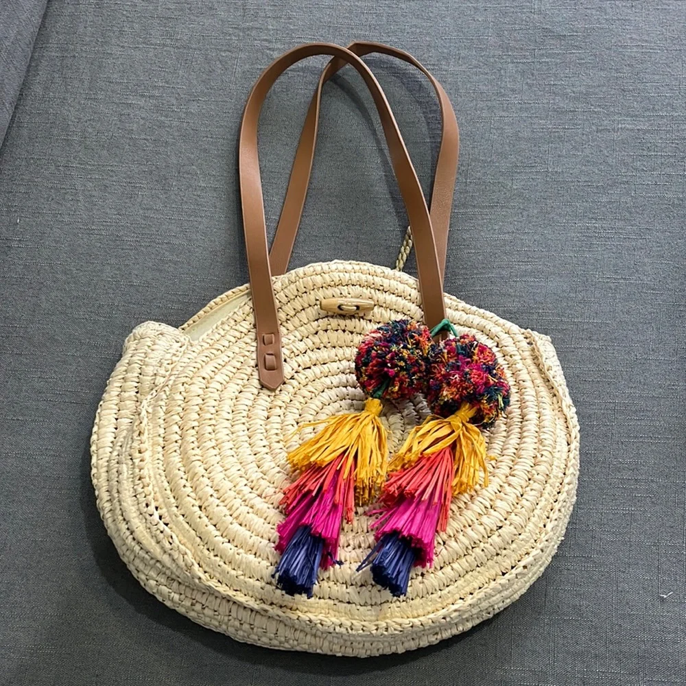 Colorful Pom Pom Beach straw bag - Picture 1 of 7